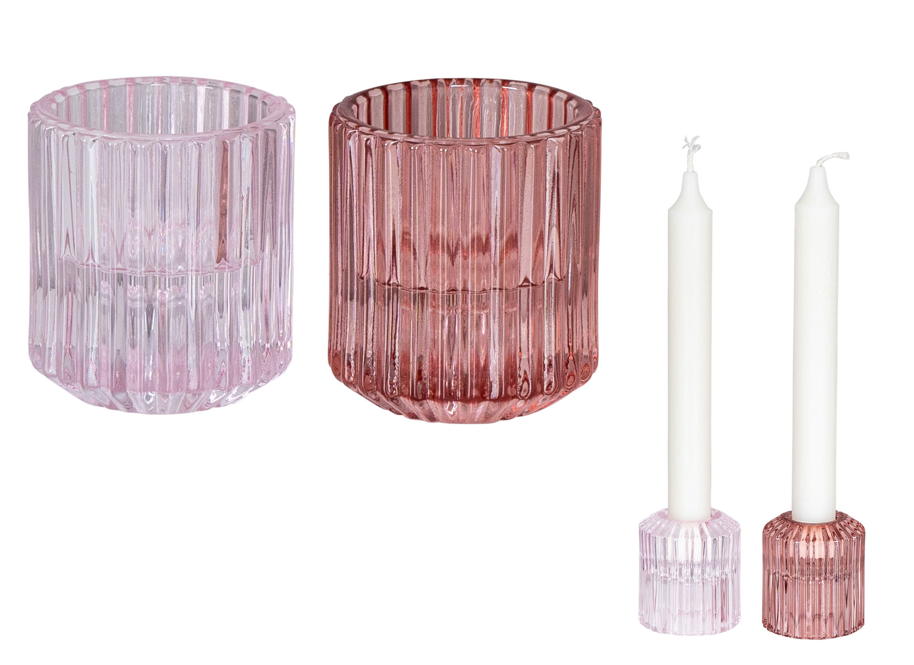 Kerzenständer Stabkerzen Tischdeko für Set 2in1 2er Glas Rosa Pink Kerzenhalter