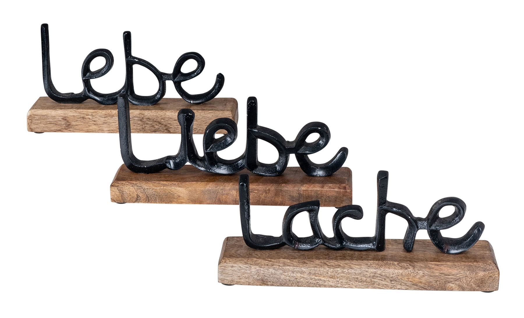 3er Set Schriftzug L22cm Lebe Tisch- Lache Schwarz Metall Holz Deko Liebe Mango