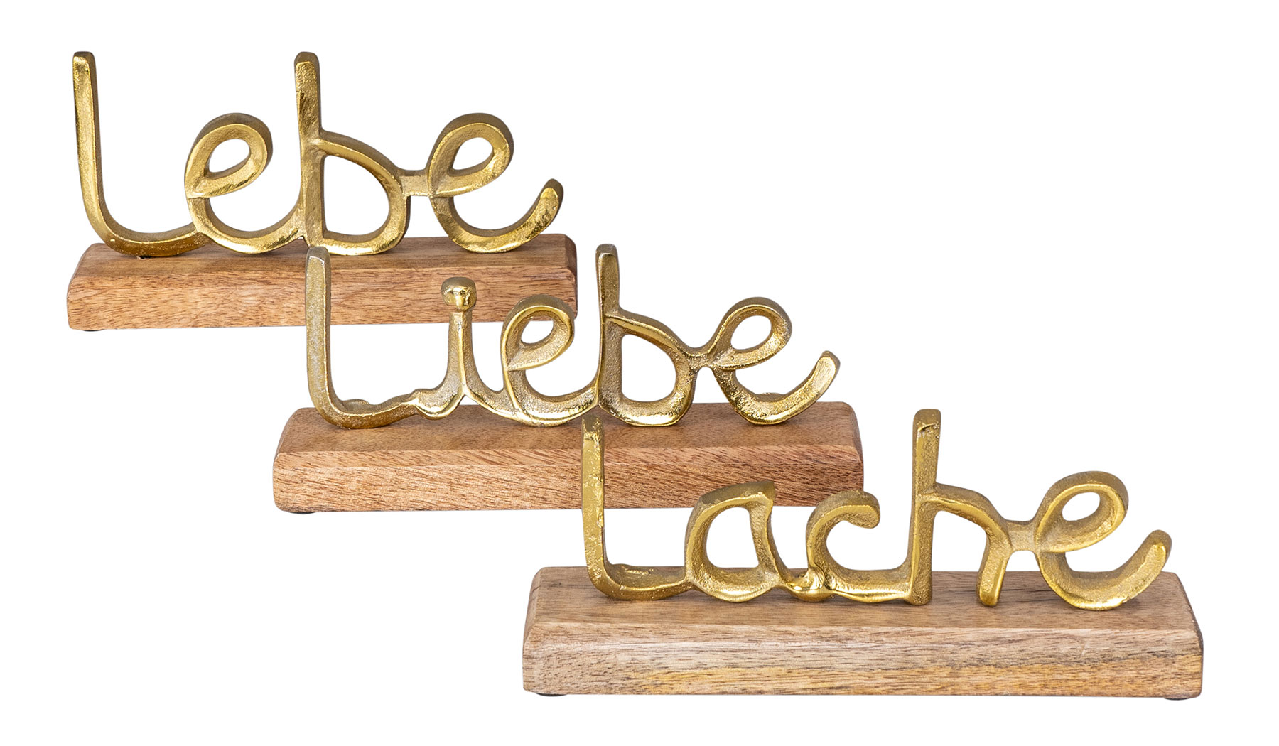 Liebe Gold Mango Schriftzug L22cm Holz Metall Tisch-Deko Set 3er Lebe Lache
