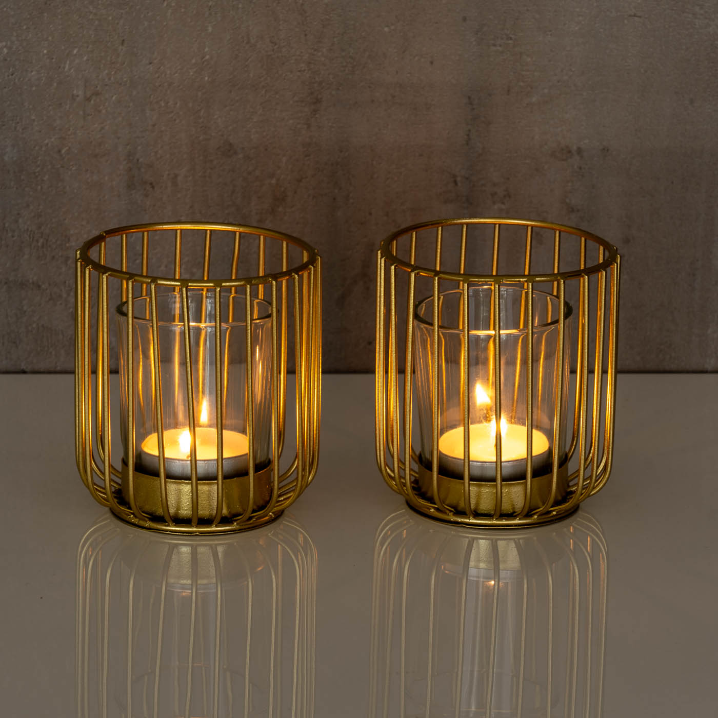 2er Set Teelichthalter Gold Metall Windlicht Tischdeko Glas Kerze Kerzenhalter