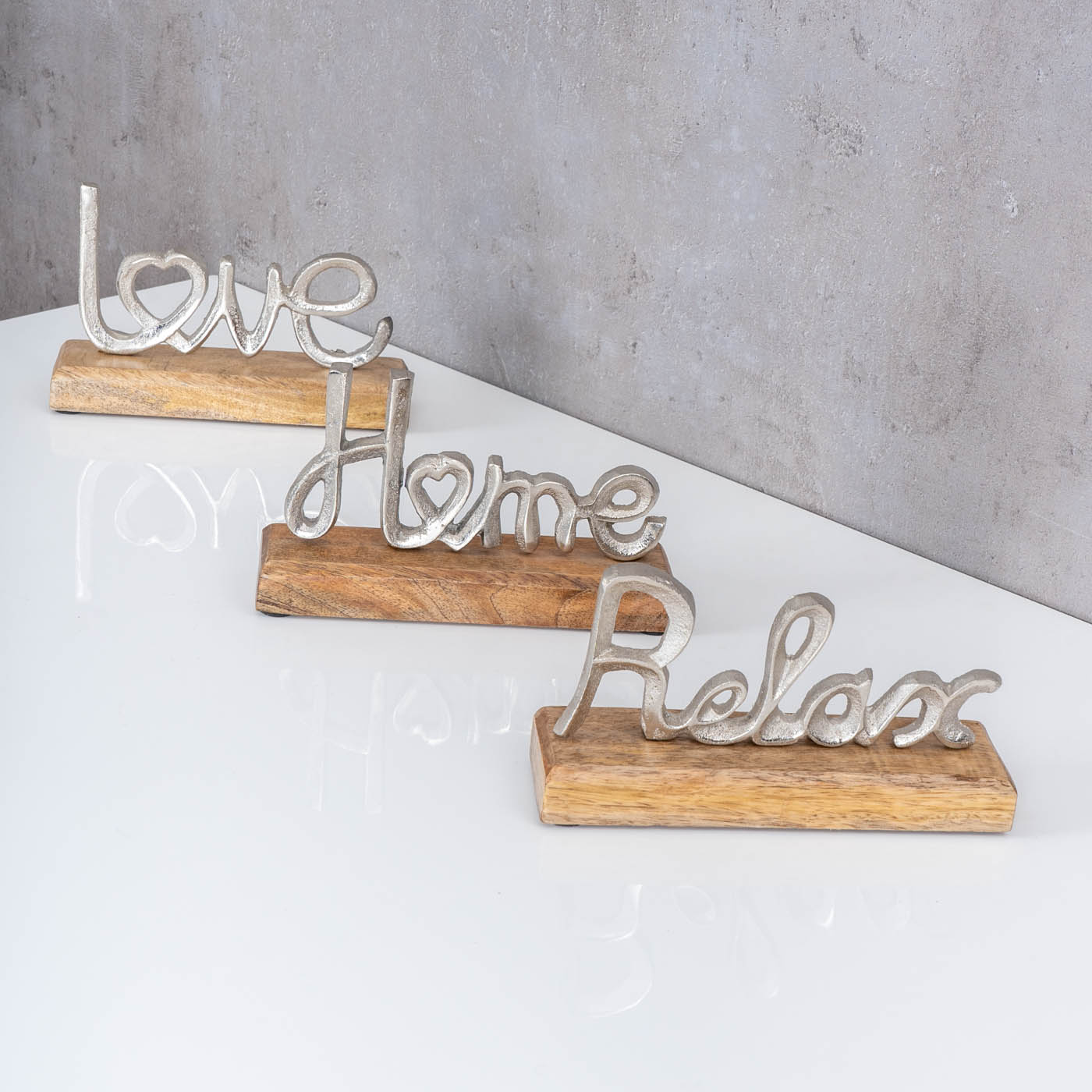 3er Set Schriftzug Deko Love Aufsteller Relax Home Mango Holz Silber Metall