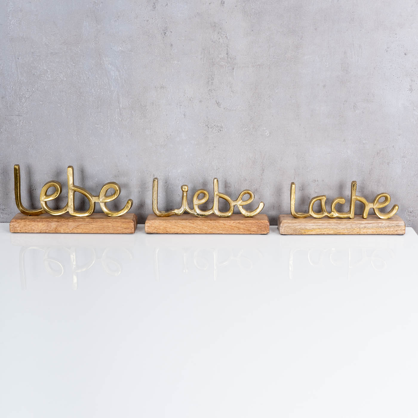 Gold Liebe Tisch-Deko Lebe Holz Set Lache Schriftzug Mango Metall L22cm 3er