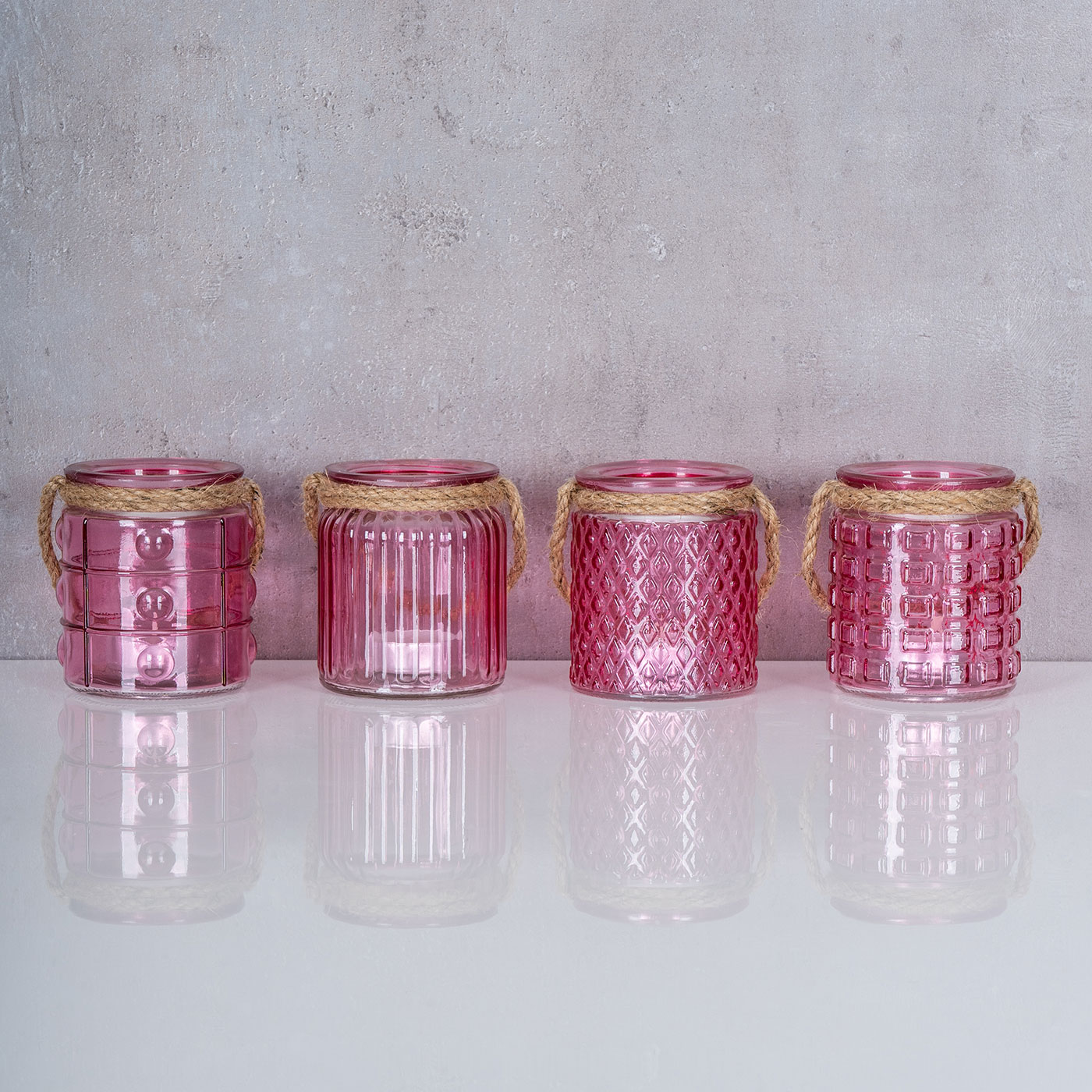 4er Set Kerzen Teelichthalter Glas Rosa Pink Tischdeko Retro Windlicht H10cm