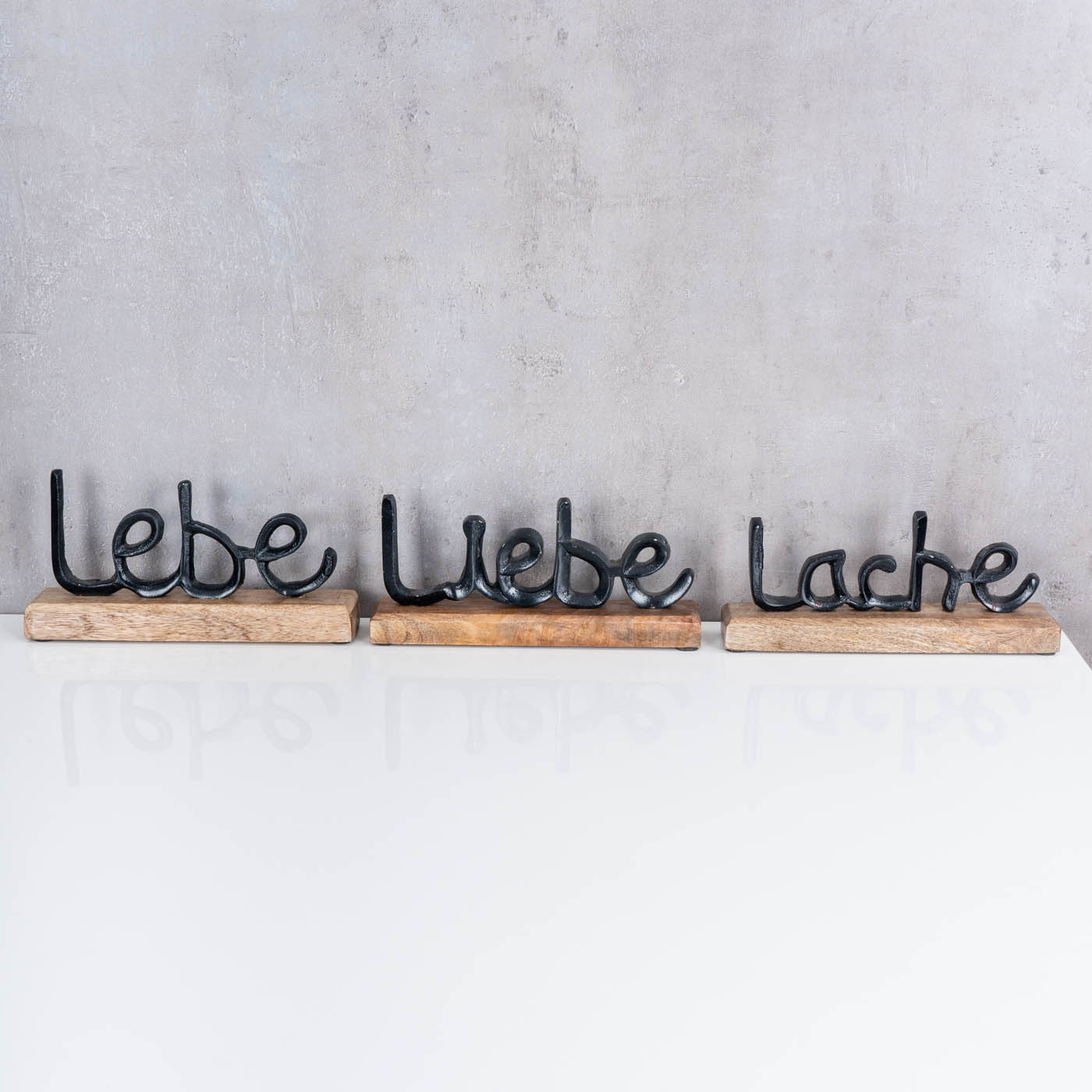 3er Set Schriftzug Schwarz Liebe Metall Tisch- Deko L22cm Lache Lebe Holz Mango