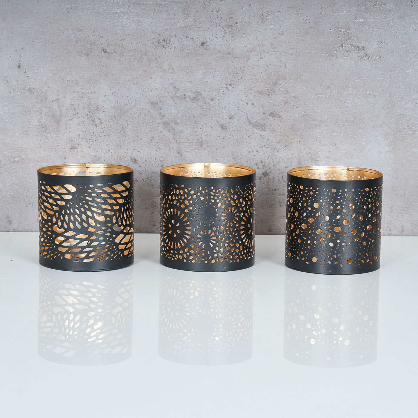 3er 10x10cm Schwarz Deko Teelichthalter Metall Set Windlicht Kerzen Gold