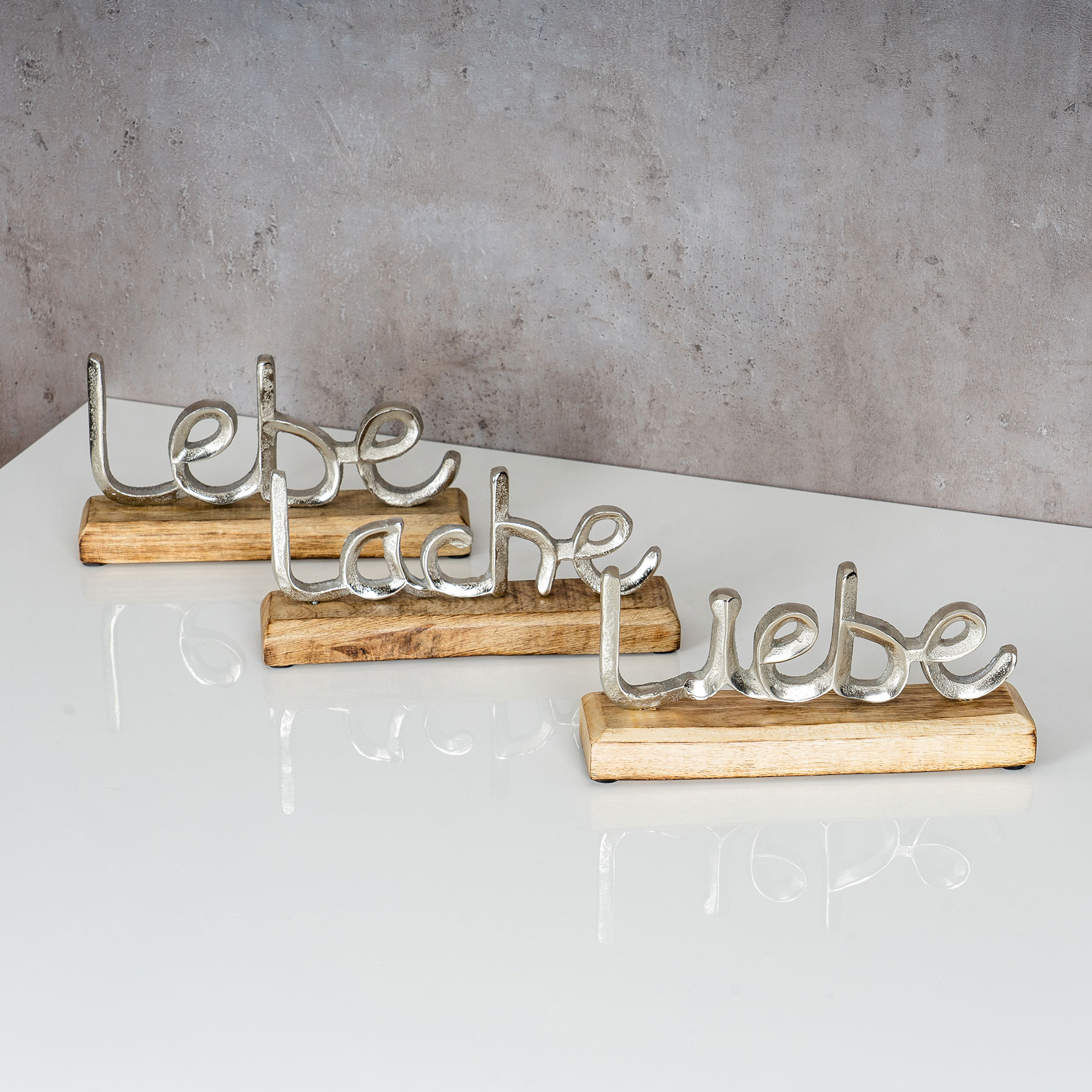 3er Set Schriftzug Silber Deko Metall Liebe L23cm Holz Mango Lache Lebe