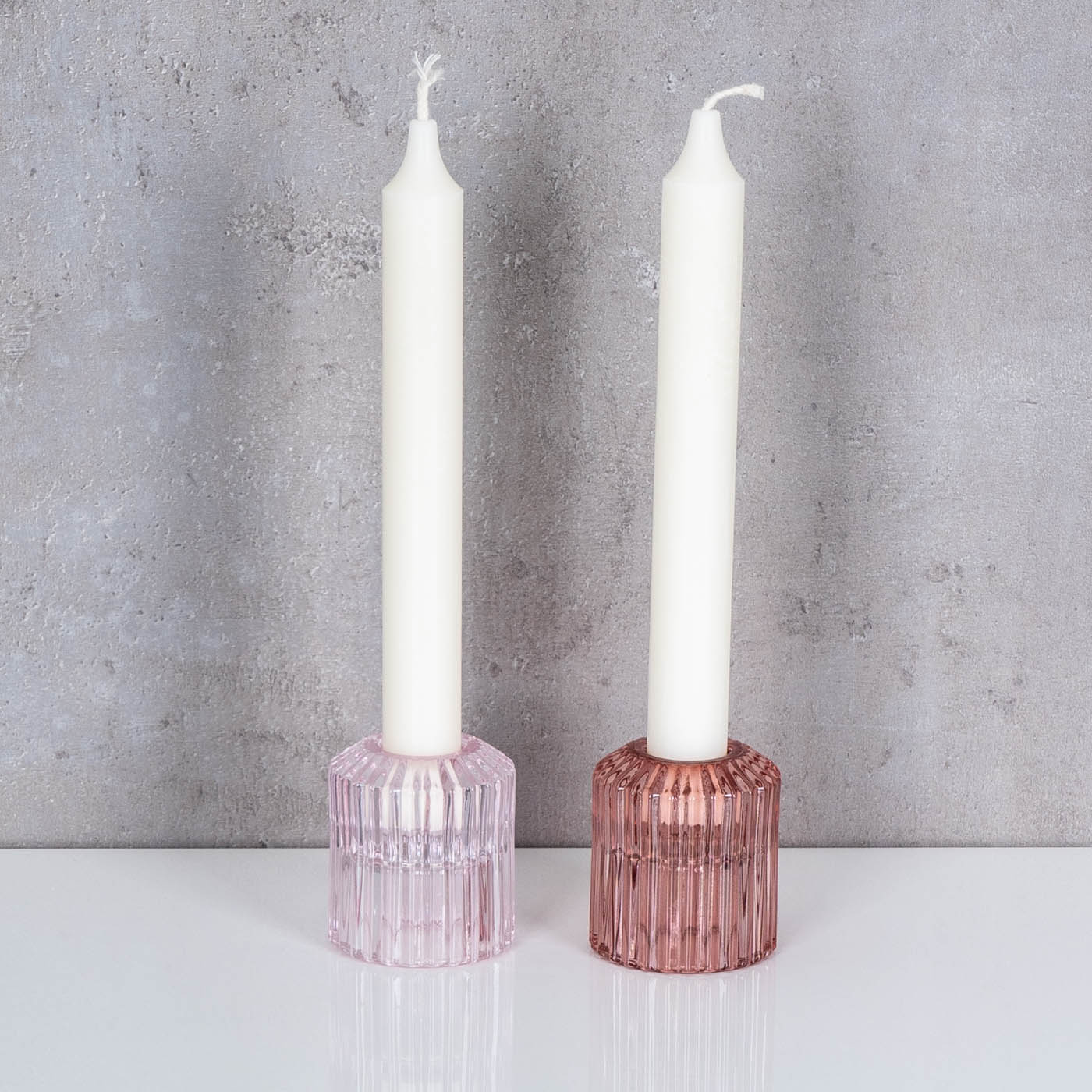 2er Set Kerzenhalter Glas Tischdeko Stabkerzen für 2in1 Rosa Kerzenständer Pink