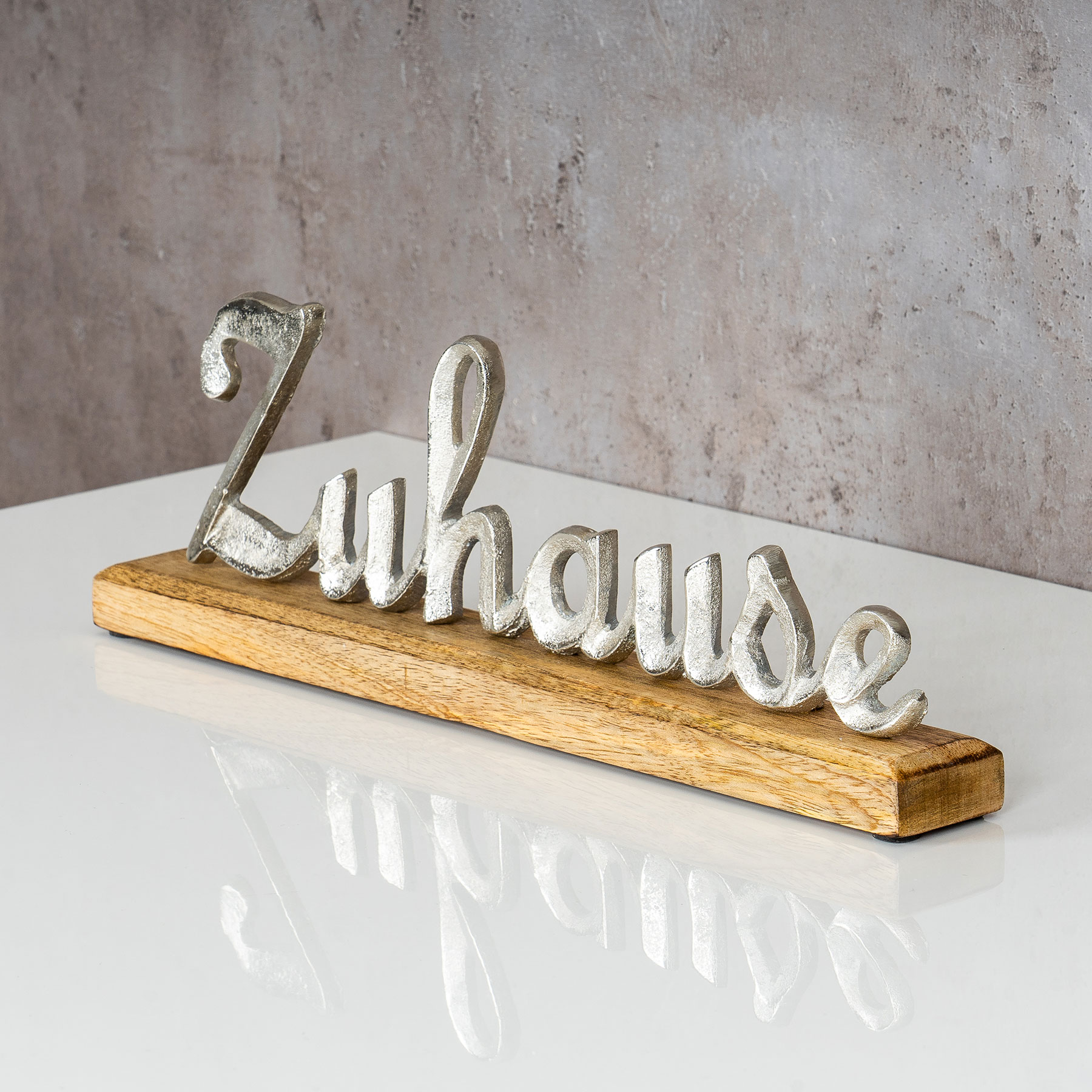 Tischdeko L40,5cm Aufsteller Schriftzug Zuhause Deko Holz Metall Mango Silber