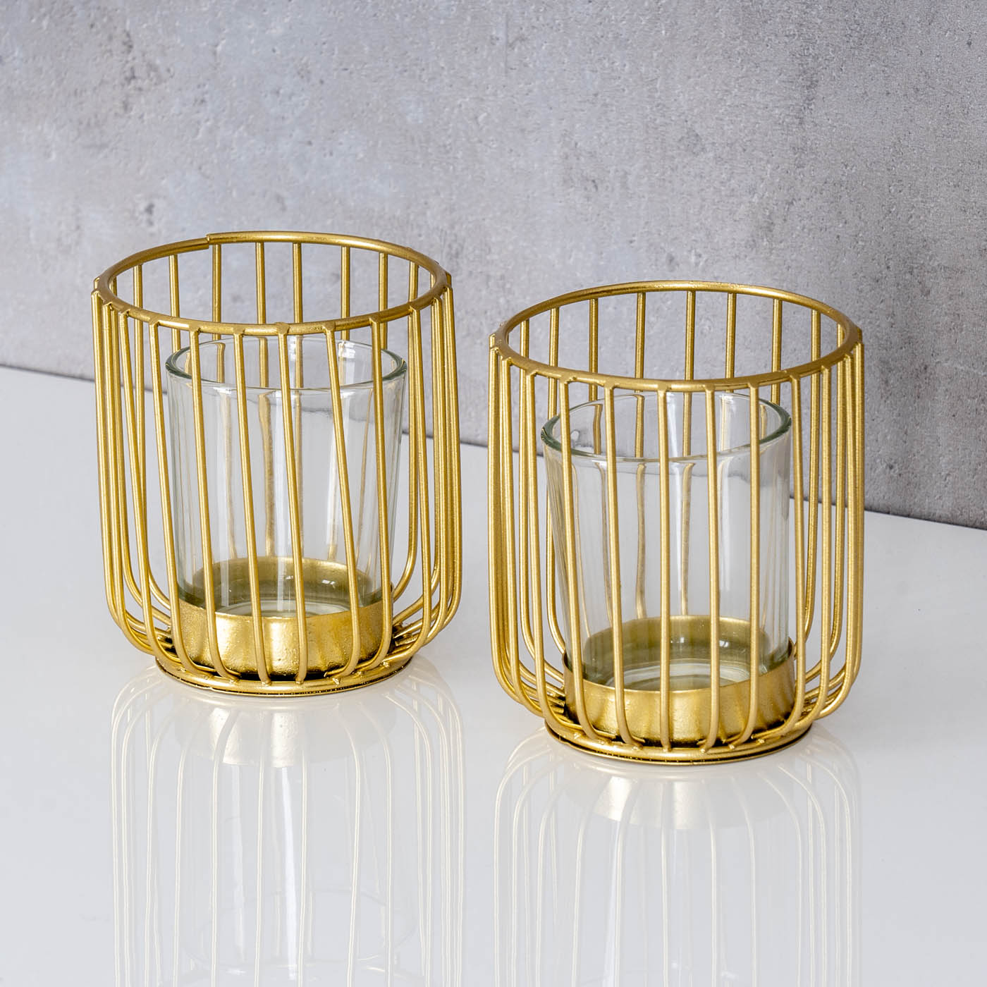2er Set Teelichthalter Gold Windlicht Kerzenhalter Metall Kerze Glas Tischdeko