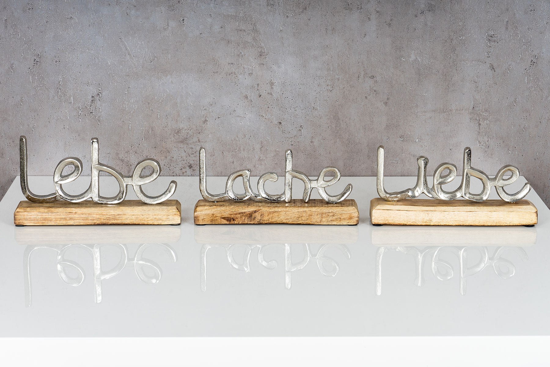 3er Set Schriftzug Metall Liebe L23cm Lache Deko Mango Silber Holz Lebe