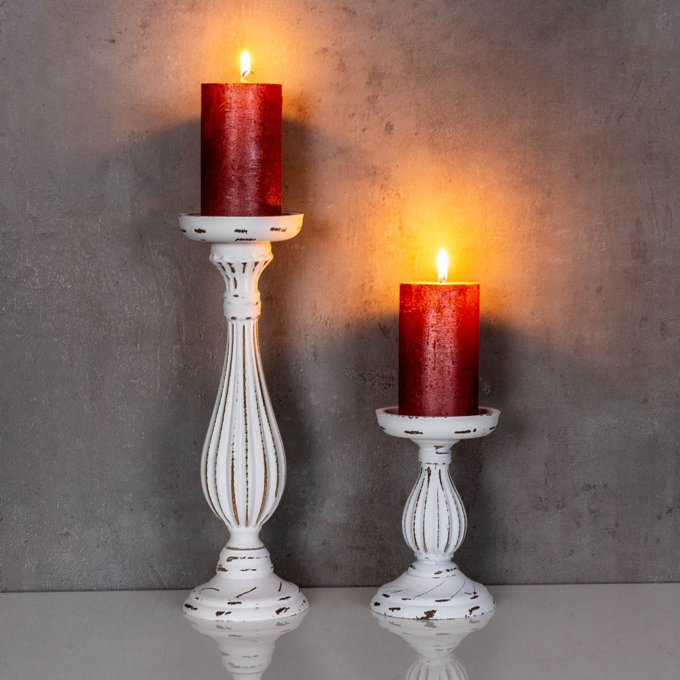 Vintage MDF Weiß Shabby Tischdeko Kerzenständer Set Kerzenhalter Holz 2er H17-34cm