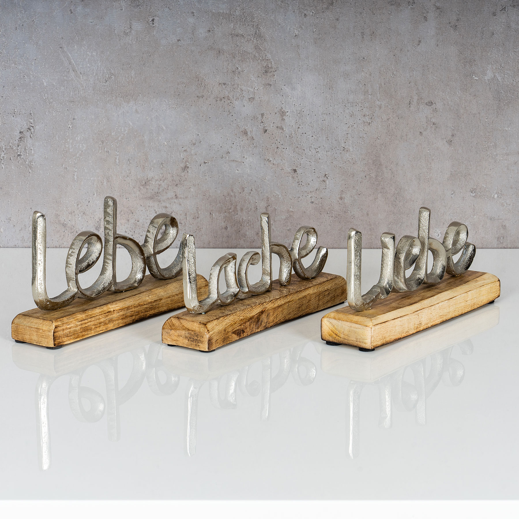 3er Set Schriftzug Lebe L23cm Lache Silber Deko Liebe Holz Mango Metall