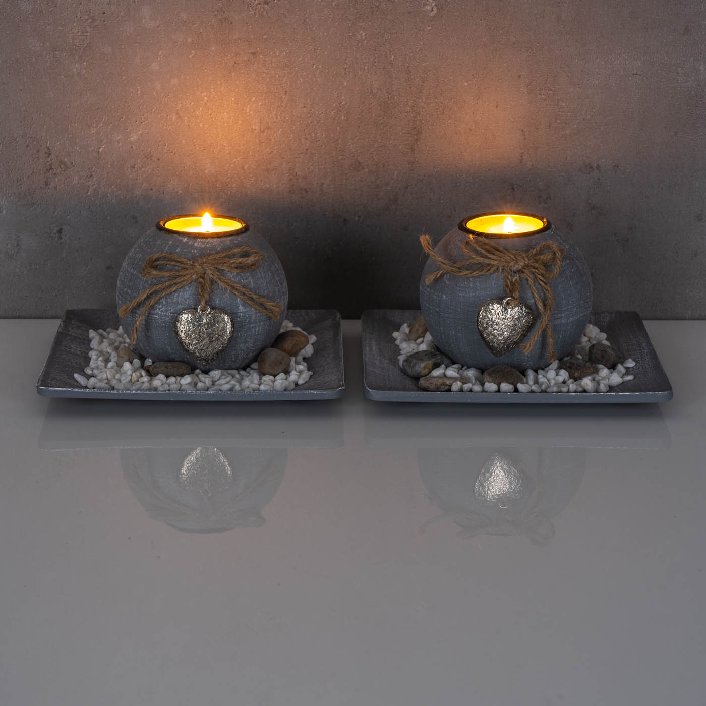 2er Set Teelichthalter Kerzen Kerzenhalter Holz Deko-Teller Tischdeko Grau Weiß