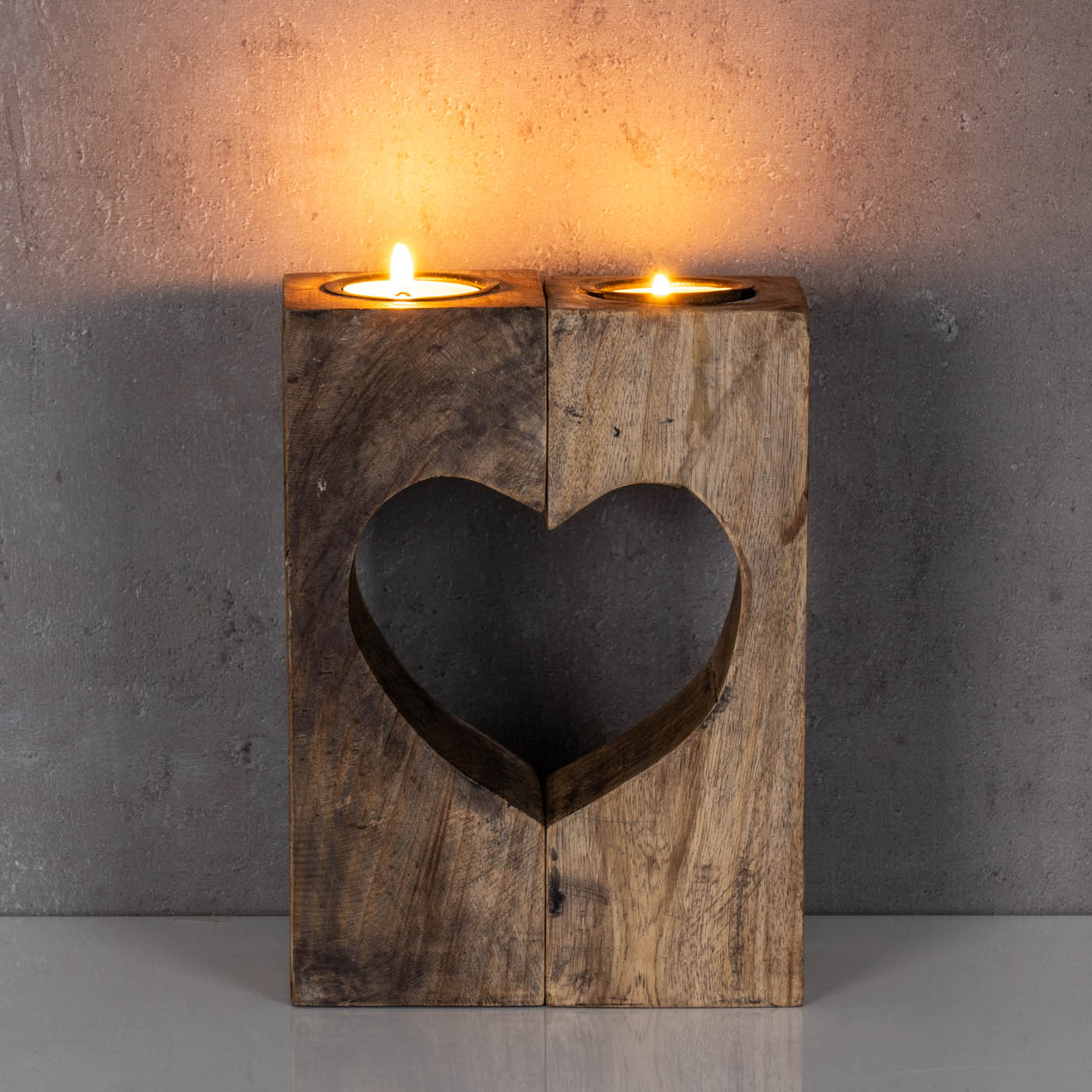 Teelichthalter Herz H20cm Braun Tischdeko Natur Kerzenhalter Geteilt Mango-Holz