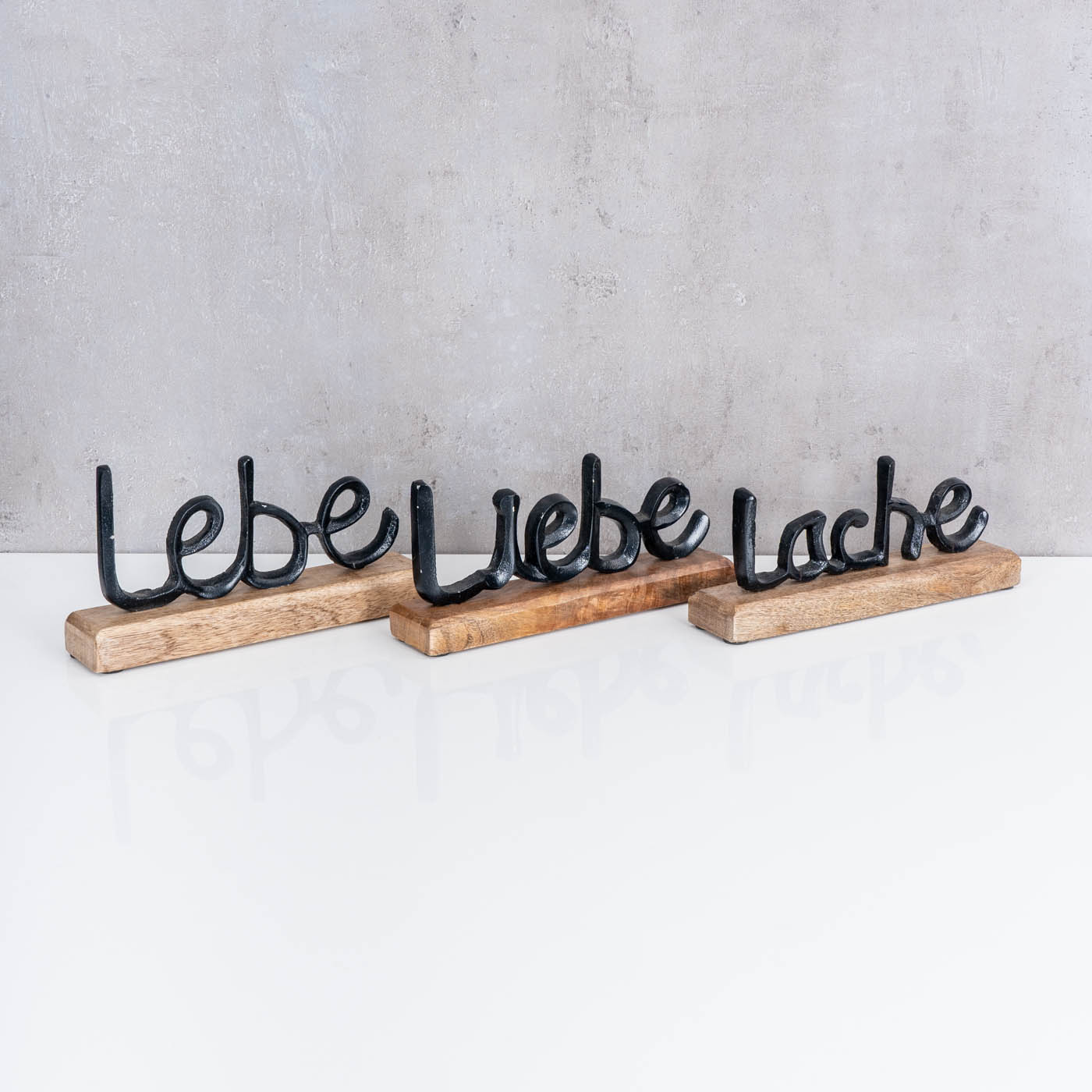 3er Set Schriftzug Lebe Lache Holz Mango Deko Tisch- Schwarz L22cm Metall Liebe