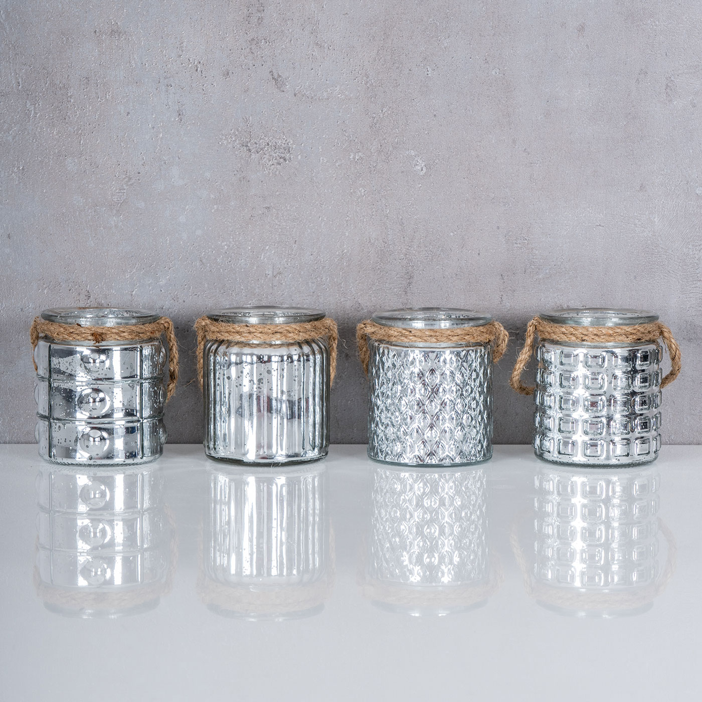 Teelichthalter Set Glas Kerzen Tischdeko H10cm Silber Windlicht Retro 4er