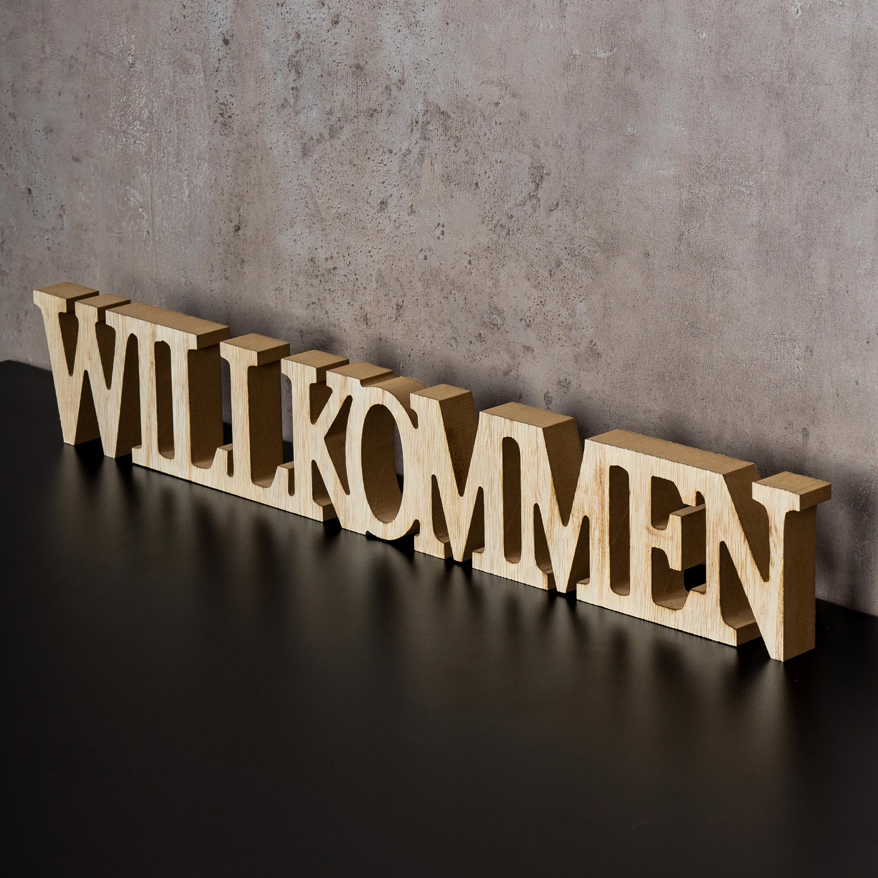 Schriftzug Holz Willkommen 60x9cm Deko Buchstaben Aufsteller Braun Natur